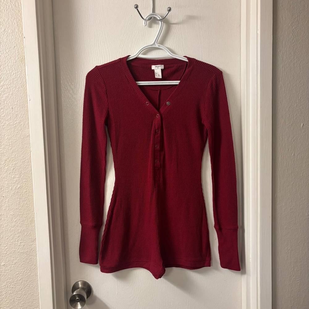 Forever 21 Burgundy Long Sleeve Henley Top
